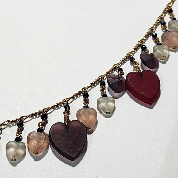 Vintage Pididdly Links Goldtone Czech frosted glass heart charm necklace 24" - Picture 6 of 11